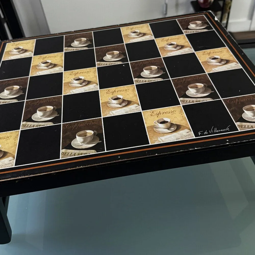 Chess Board Table Vintage Wooden Checkers Combo Game Autor Signed Making a Coffe - Picture 9 of 11